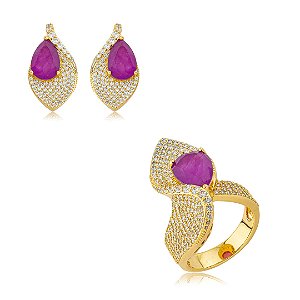 Conjunto de brinco e anel cravejado de zircônia cristal e pedra fusion fúcsia banho em ouro 18k