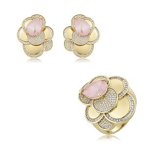 Conjunto de brinco e anel luxo cravejado de zircônia cristal e pedra fusion rodolita banho em ouro 18k
