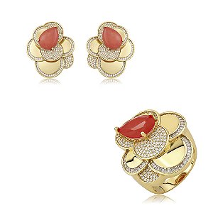 Conjunto de brinco e anel luxo cravejado de zircônia cristal e pedra fusion coral banho em ouro 18k