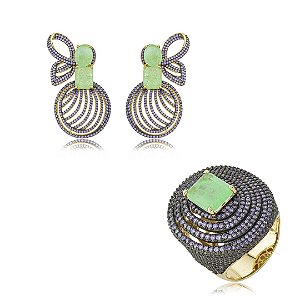 Conjunto de brinco e anel luxo cravejado de zircônia ametista e pedra fusion turmalina banho em ouro 18k