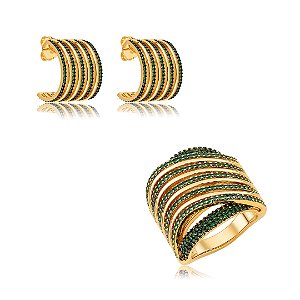 Conjunto de brinco e anel cravejado de zircônia esmeralda banho em ouro 18k