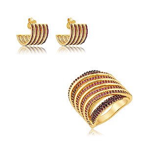 Conjunto de brinco e anel cravejado de zircônia pink banho em ouro 18k