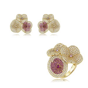 Conjunto de brinco e anel luxo flor cravejado de zircônia colorida banho em ouro 18k