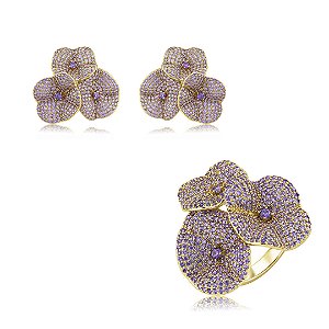 Conjunto de brinco e anel luxo flor cravejado de zircônia ametista banho em ouro 18k
