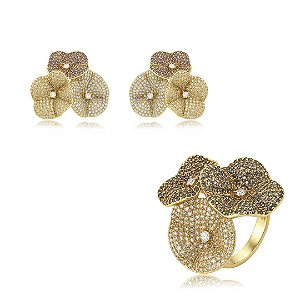 Conjunto de brinco e anel luxo flor cravejado de zircônia colorida banho em ouro 18k