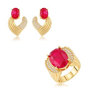 Conjunto de brinco e anel cravejado de zircônia cristal e pedra fusion rubelita banho em ouro 18k
