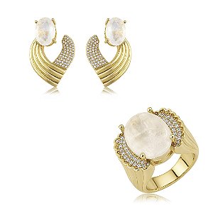 Conjunto de brinco e anel cravejado de zircônia e pedra fusion cristal banho em ouro 18k