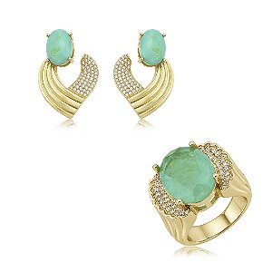 Conjunto de brinco e anel cravejado de zircônia cristal e pedra fusion turmalina banho em ouro 18k