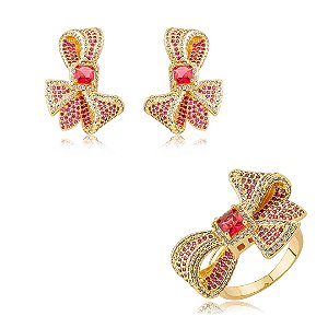 Conjunto de brinco e anel borboleta cravejado de zircônia pink banho em ouro 18k