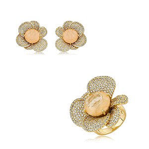 Conjunto de brinco e anel flor luxo cravejado de zircônia cristal com pedra fusion morganita banho em ouro 18k
