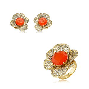 Conjunto de brinco e anel flor luxo cravejado de zircônia cristal com pedra fusion coral banho em ouro 18k