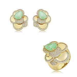 Conjunto de brinco e anel luxo cravejado de zircônia cristal com pedra fusion turmalina banho em ouro 18k
