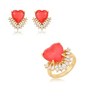 Conjunto de brinco e anel coração cravejado de zircônia cristal com pedra fusion coral banho em ouro 18k