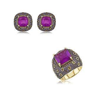 Conjunto de brinco e anel cravejado de zircônia e pedra fusion ametista banho em ouro 18k