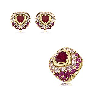Conjunto de brinco e anel luxo coração cravejado de zircônia e pedra fusion rubelita banho em ouro 18k
