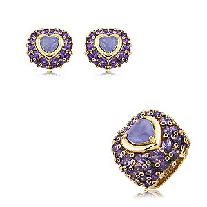 Conjunto de brinco e anel luxo coração cravejado de zircônia e pedra fusion ametista banho em ouro 18k