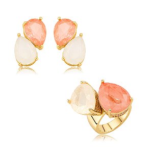 Conjunto de brinco e anel gota cravejado de zircônia e pedra fusion banho em ouro 18k