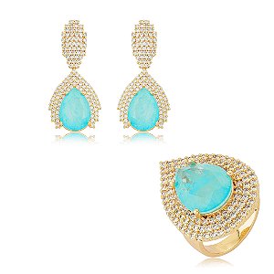 Conjunto de brinco e anel gota cravejado de zircônia cristal e pedra fusion acqua banho em ouro 18k