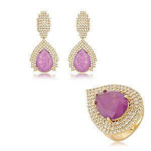 Conjunto de brinco e anel gota cravejado de zircônia cristal e pedra fusion ametista banho em ouro 18k