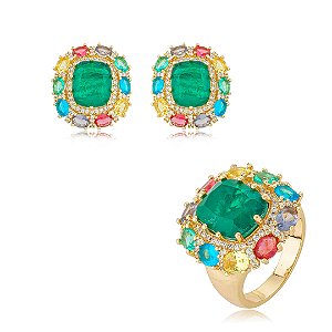 Conjunto de brinco e anel cravejado de zircônia colorida e pedra fusion esmeralda banho em ouro 18k