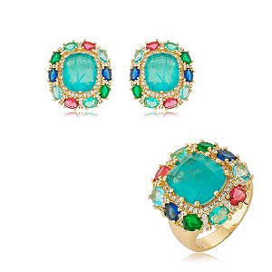 Conjunto de brinco e anel cravejado de zircônia colorida e pedra fusion turmalina banho em ouro 18k
