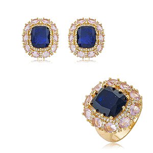 Conjunto de brinco e anel cravejado de zircônia lavanda e pedra fusion safira banho em ouro 18k