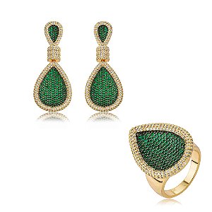 Conjunto de brinco e anel luxo cravejado de zircônia cristal e esmeralda banho em ouro 18k