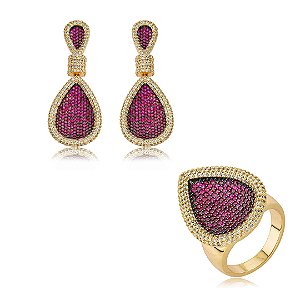 Conjunto de brinco e anel luxo cravejado de zircônia cristal e pink banho em ouro 18k