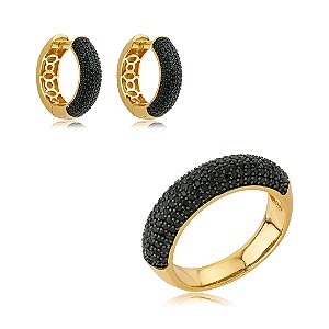 Conjunto de brinco e anel cravejado de zircônia ônix banho em ouro 18k