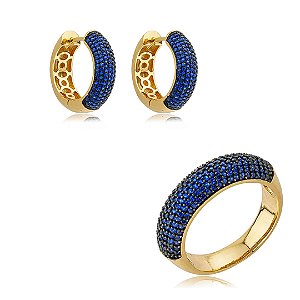Conjunto de brinco e anel cravejado de zircônia safira banho em ouro 18k