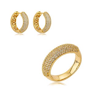 Conjunto de brinco e anel cravejado de zircônia cristal banho em ouro 18k