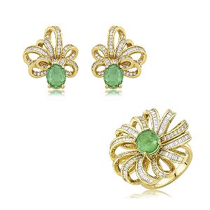 Conjunto de brinco e anel cravejado de zircônia cristal e pedra fusion esmeralda banho em ouro 18k