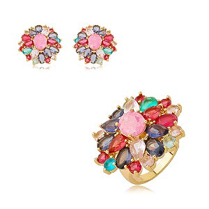 Conjunto de brinco e anel cravejado de zircônia colorida e pedra fusion rodonita banho em ouro 18k