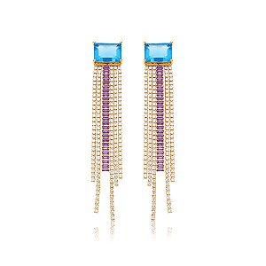 Brinco de luxo cravejado de zircônia cristal com pedra fusion topázio banho em ouro 18k