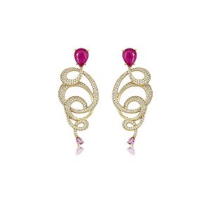 Brinco de luxo cravejado de zircônia cristal com pedra fusion rubelita banho em ouro 18k