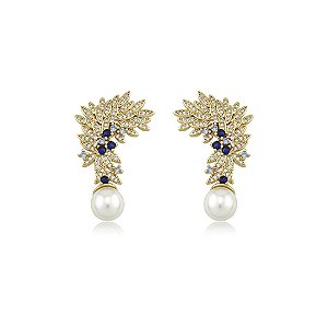 Brinco cravejado de zircônia safira com pérola shell banho em ouro 18k