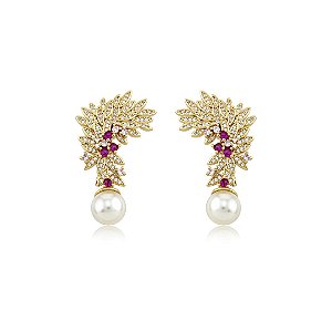 Brinco cravejado de zircônia pink com pérola shell banho em ouro 18k