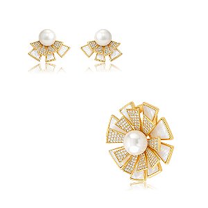 Conjunto de pingente e brinco de madre pérola com zircônia cristal banho em ouro 18k