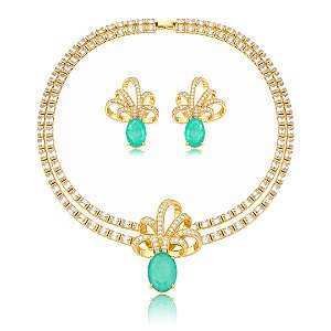 Conjunto brinco e colar luxo cravejado de zircônia navete cristal e pedra fusion turmalina banho em ouro 18k