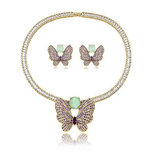 Conjunto de brinco e colar luxo borboleta cravejado de zircônia com pedra fusion turmalina banho em ouro 18k