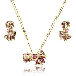 Conjunto de brinco e colar laço cravejado de zircônia pink banho em ouro 18k