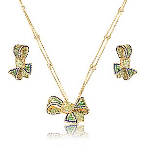 Conjunto de brinco e colar laço cravejado de zircônia esmeralda banho em ouro 18k