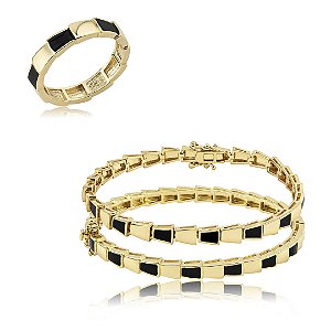 Conjunto de bracelete duplo e anel liso esmaltado banho em ouro 18k