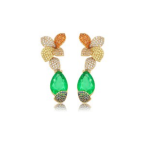 Brinco de flor cravejado de zircônia colorida com pedra fusion esmeralda banho em ouro 18k