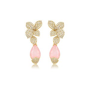 Brinco de flor cravejado de zircônia cristal com pedra fusion rodonita banho em ouro 18k