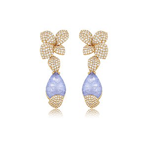 Brinco de flor cravejado de zircônia cristal com pedra fusion ametista banho em ouro 18k