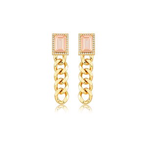 Brinco cravejado de zircônia cristal e pedra fusion morganita banho em ouro 18k