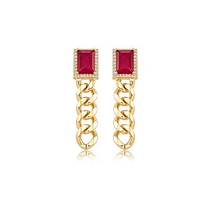 Brinco cravejado de zircônia cristal e pedra fusion rubi banho em ouro 18k