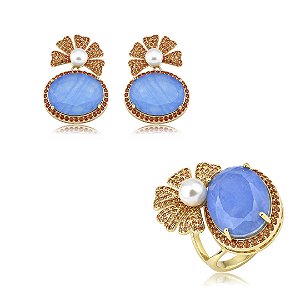 Conjunto de brinco e anel cravejado de zircônia coral e pedra fusion topázio banho em ouro 18k