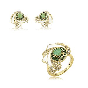 Conjunto de brinco e anel esmaltado cravejado de zircônia e pedra fusion turmalina banho em ouro 18k